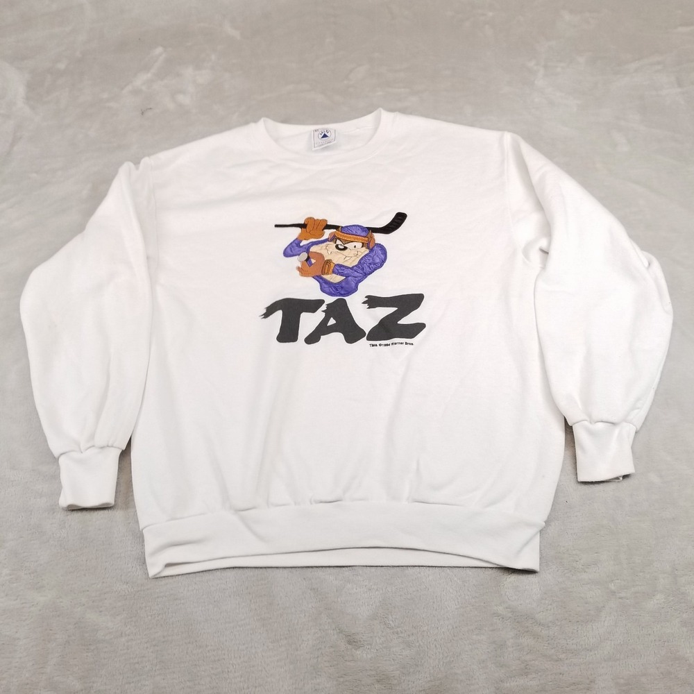 VTG Taz Sweatshirt Mens XL White Pullover Hockey Embroidered 90s Made in USA